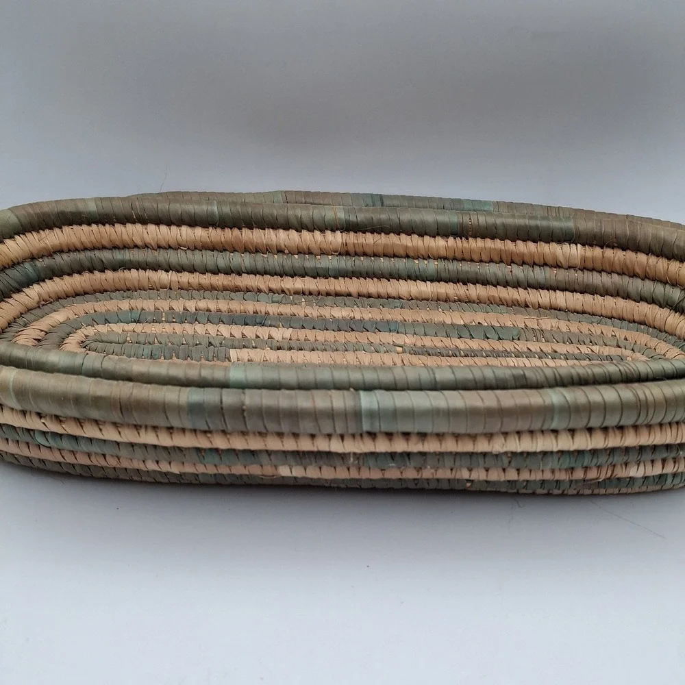 Set Of‎ 2 Hand Woven African Hausa Style Coiled Grass Nesting Baskets Green Tan